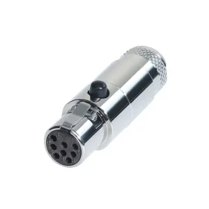Newtide MXR5022-8P 8-pole MINI XLR female cable connector with push locking latch, nickel-plated metal shell and metal boot.