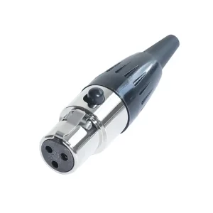 Newtide MXR5023B-3P 3-pole MINI XLR female cable connector with push locking latch, black-plated metal shell and black strain relief boot.