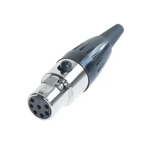 Newtide MXR5023B-7P 7-pole MINI XLR female cable connector with push locking latch, black-plated metal shell and black strain relief boot.