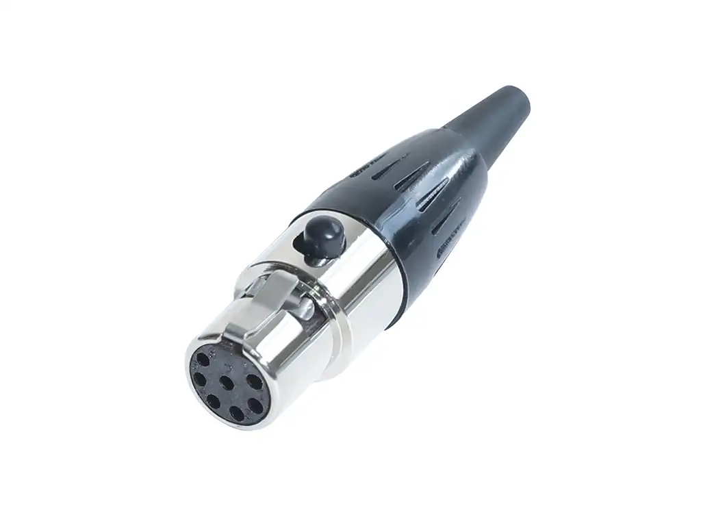 Newtide MXR5023B-7P 7-pole MINI XLR female cable connector with push locking latch, black-plated metal shell and black strain relief boot.