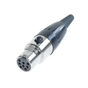Newtide MXR5023B-8P 8-pole MINI XLR female cable connector with push locking latch, black-plated metal shell and black strain relief boot.