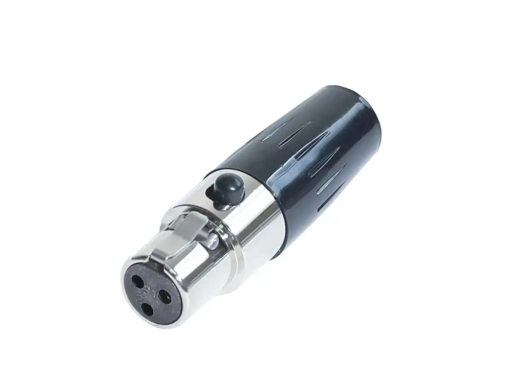 Newtide MXR5025-3P 3-pole MINI XLR female cable connector with push locking latch, nickel-plated metal shell and black strain relief boot.