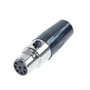 Newtide MXR5025-7P 7-pole MINI XLR female cable connector with push locking latch, nickel-plated metal shell and black strain relief boot.