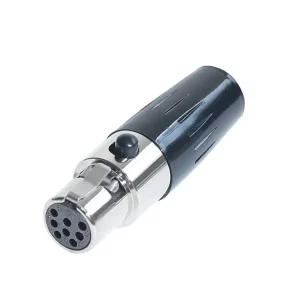 Newtide MXR5025-8P 8-pole MINI XLR female cable connector with push locking latch, nickel-plated metal shell and black strain relief boot.