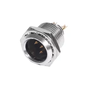 Newtide MXR5030-4P 4-pole MINI XLR male chassis connector (panel mount) with solder cups and nickel-plated metal housing.