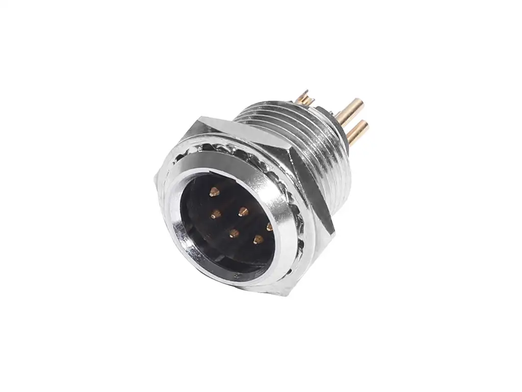 Newtide MXR5030-7P 7-pole MINI XLR male chassis connector (panel mount) with solder cups and nickel-plated metal housing.
