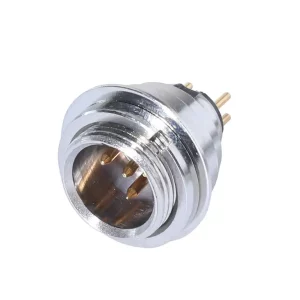 Newtide MXR5050-4P 4-pole MINI XLR male chassis connector (panel mount), vertical PCB mount with gold contacts and nickel-plated metal shell.