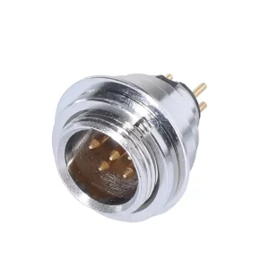 Newtide MXR5050-5P 5-pole MINI XLR male chassis connector (panel mount), vertical PCB mount with gold contacts and nickel-plated metal shell.