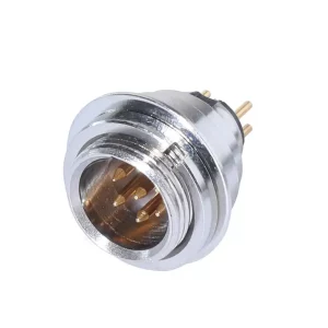 Newtide MXR5050-6P 6-pole MINI XLR male chassis connector (panel mount), vertical PCB mount with gold contacts and nickel-plated metal shell.