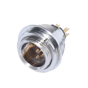 Newtide MXR5060-4P 4-pole MINI XLR male chassis connector (panel mount) with solder cups, gold contacts and nickel-plated metal shell.