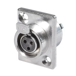 Newtide MXR5070-3P 3-pole MINI XLR female chassis connector (panel mount) with push locking latch, solder cups, gold contacts and nickel-plated metal shell.