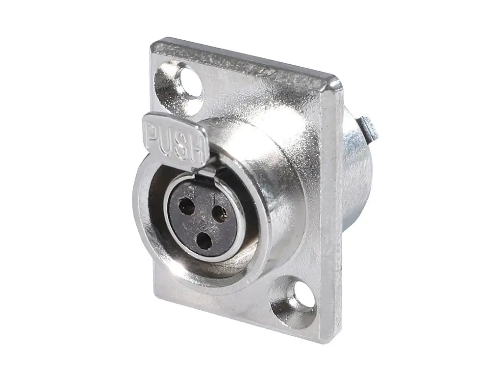 Newtide MXR5070-3P 3-pole MINI XLR female chassis connector (panel mount) with push locking latch, solder cups, gold contacts and nickel-plated metal shell.