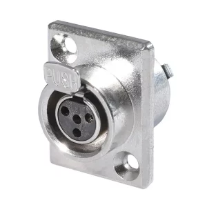 Newtide MXR5070-4P 4-pole MINI XLR female chassis connector (panel mount) with push locking latch, solder cups, gold contacts and nickel-plated metal shell.
