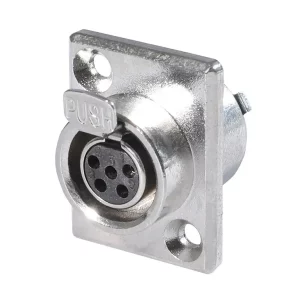 Newtide MXR5070-5P 5-pole MINI XLR female chassis connector (panel mount) with push locking latch, solder cups, gold contacts and nickel-plated metal shell.
