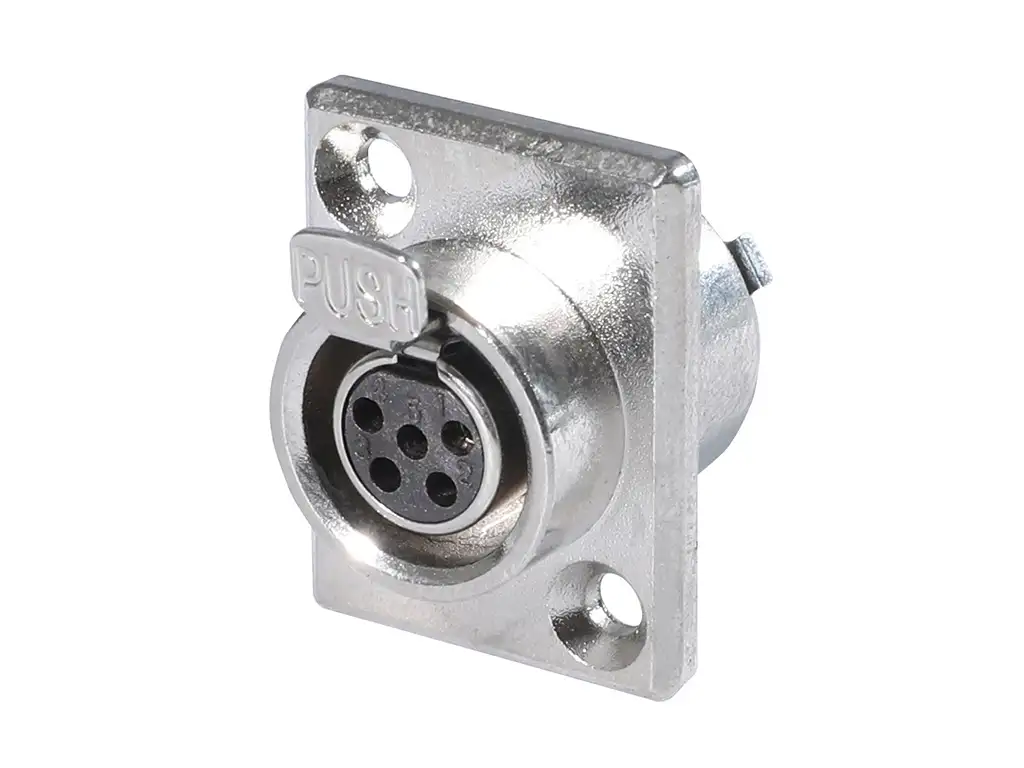 Newtide MXR5070-5P 5-pole MINI XLR female chassis connector (panel mount) with push locking latch, solder cups, gold contacts and nickel-plated metal shell.