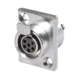 Newtide MXR5070-6P 6-pole MINI XLR female chassis connector (panel mount) with push locking latch, solder cups, gold contacts and nickel-plated metal shell.