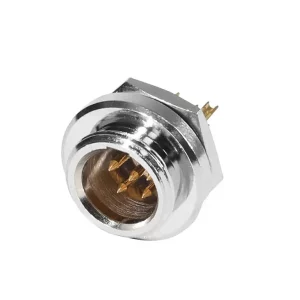 Newtide MXR5230-5P 5-pole MINI XLR male chassis connector (panel mount) with gold contacts, sealing gasket for IP67 waterproof connection, metal shell.