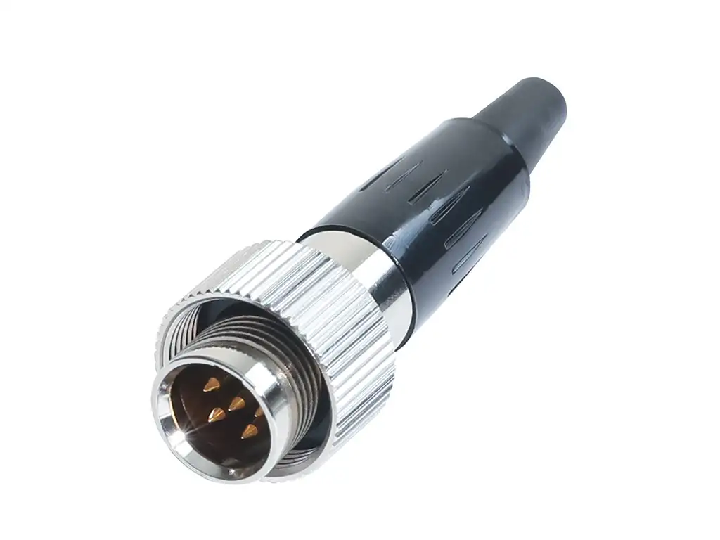 Newtide MXR5270-5P 5-pole MINI XLR male cable connector with plastic cap, sealing gasket for IP67 waterproof connection, metal shell.