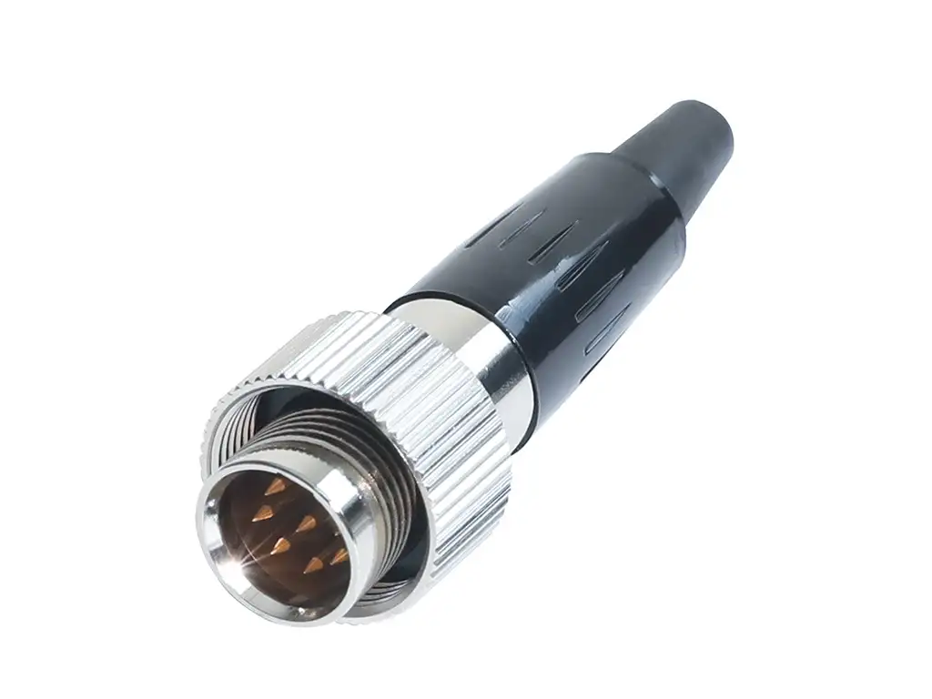 Newtide MXR5270-7P 7-pole MINI XLR male cable connector with plastic cap, sealing gasket for IP67 waterproof connection, metal shell.