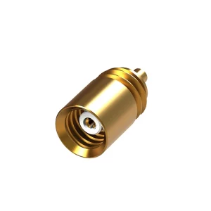 Newtide MXR5612 M3 threaded coaxial (1-pole) female miniature audio connector with gold housing and contacts for headset microphones.