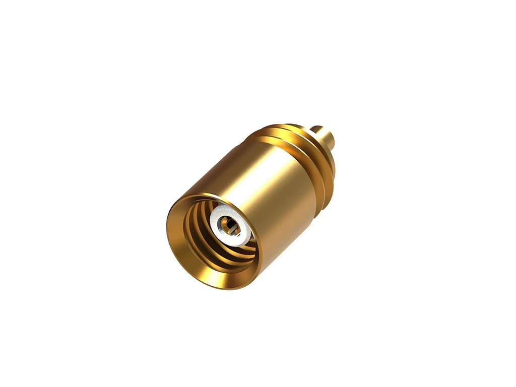 Newtide MXR5612 M3 threaded coaxial (1-pole) female miniature audio connector with gold housing and contacts for headset microphones.
