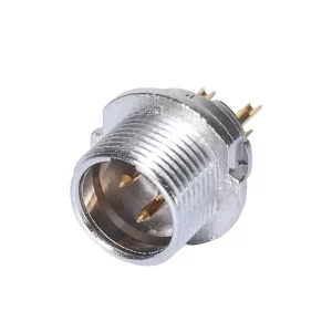 Newtide MXR5850-3P 3-pole MINI XLR male chassis connector (panel mount) with solder cups, gold contacts and nickel-plated metal shell.