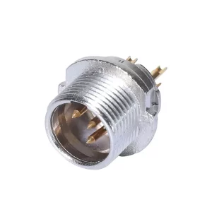 Newtide MXR5850-4P 4-pole MINI XLR male chassis connector (panel mount) with solder cups, gold contacts and nickel-plated metal shell.