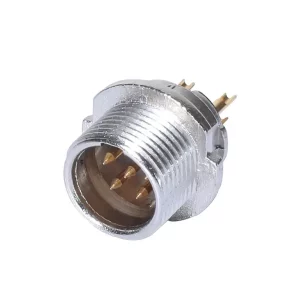 Newtide MXR5850-5P 5-pole MINI XLR male chassis connector (panel mount) with solder cups, gold contacts and nickel-plated metal shell.