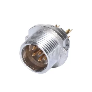 Newtide MXR5850-6P 6-pole MINI XLR male chassis connector (panel mount) with solder cups, gold contacts and nickel-plated metal shell.