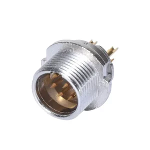 Newtide MXR5850-7P 7-pole MINI XLR male chassis connector (panel mount) with solder cups, gold contacts and nickel-plated metal shell.