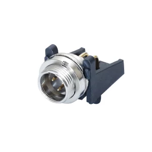 Newtide MXR5880-3P 3-pole MINI XLR male chassis connector (panel mount), horizontal PCB mount with gold contacts and nickel-plated metal shell.