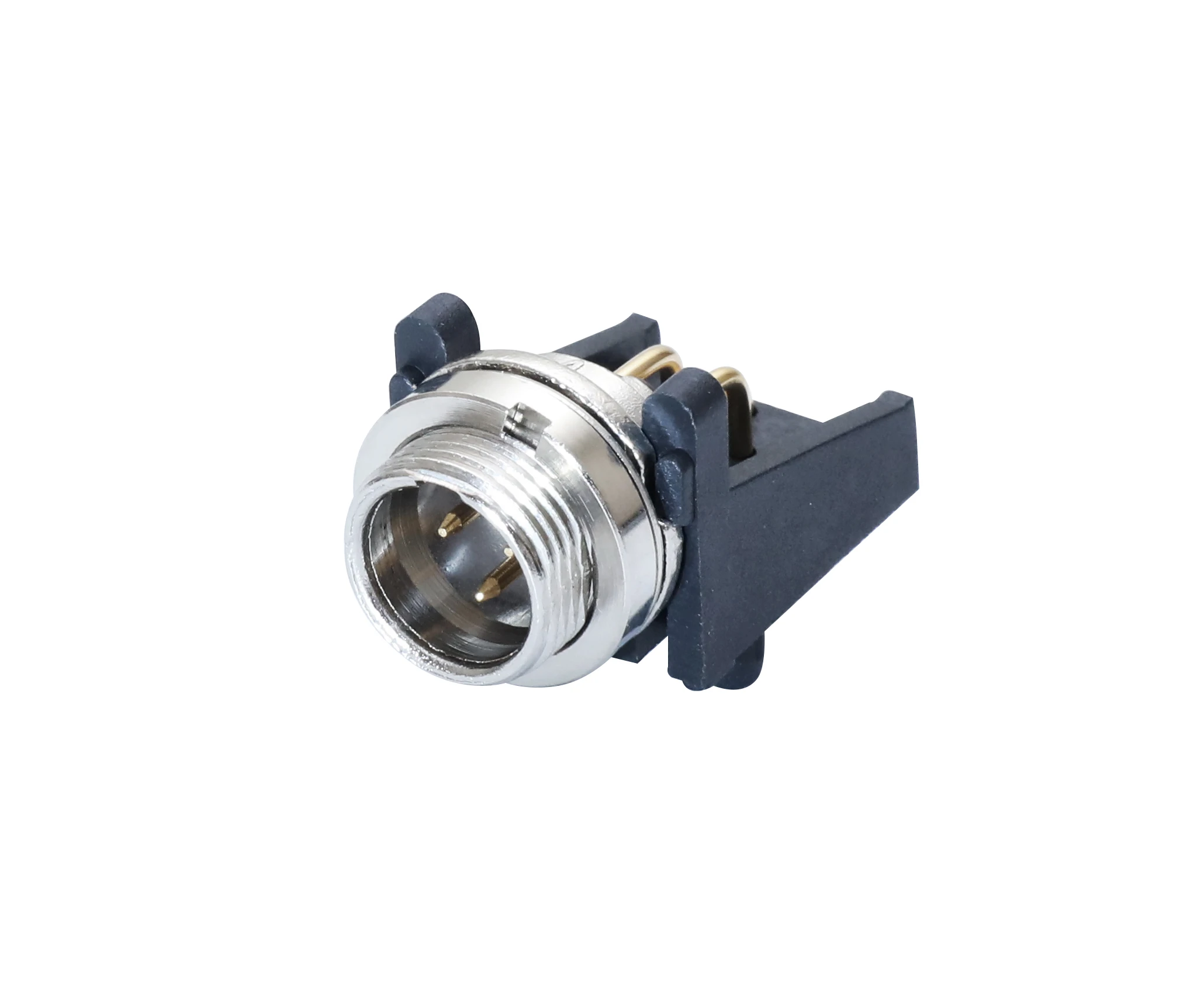 Newtide MXR5880-3P 3-pole MINI XLR male chassis connector (panel mount), horizontal PCB mount with gold contacts and nickel-plated metal shell.