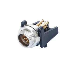 Newtide MXR5881-6P 6-pole MINI XLR male chassis connector (panel mount), horizontal PCB mount with gold contacts and nickel-plated metal shell.