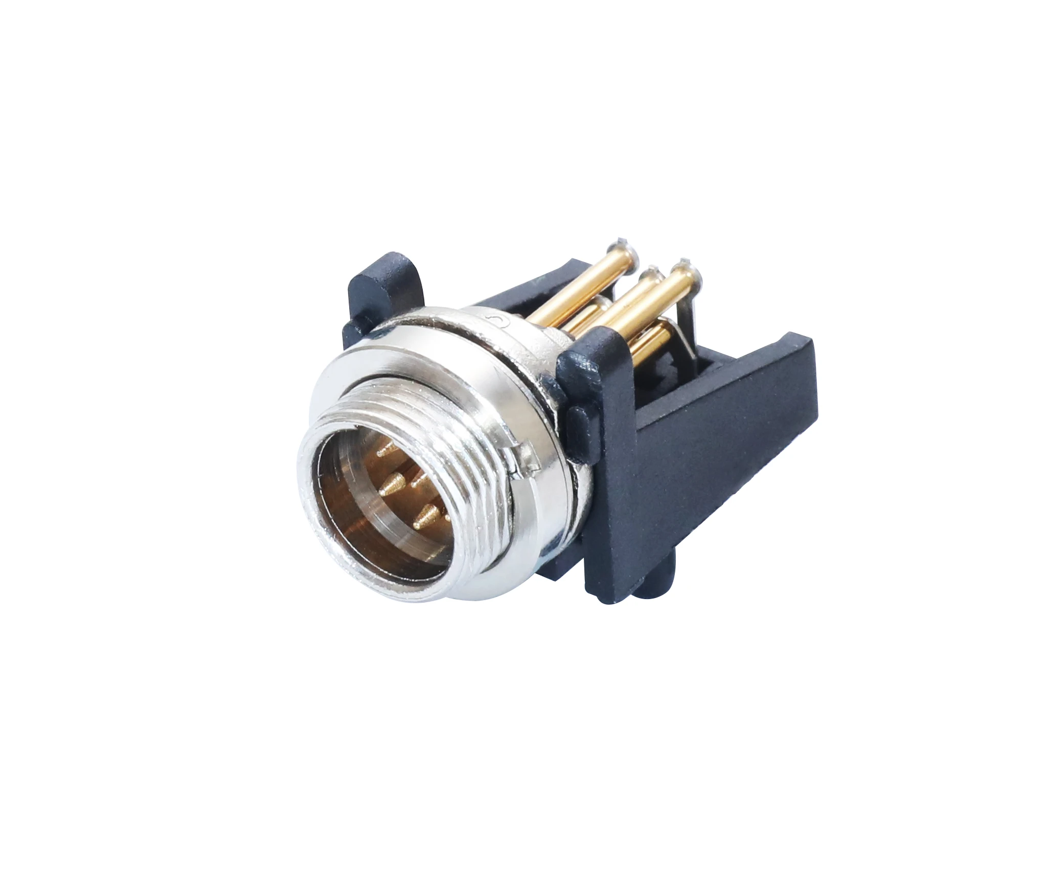 Newtide MXR5881-6P 6-pole MINI XLR male chassis connector (panel mount), horizontal PCB mount with gold contacts and nickel-plated metal shell.