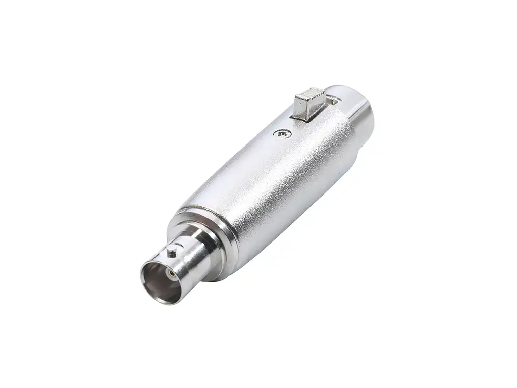 Newtide NA0614-3P 3-pole XLR female to BNC jack audio adaptor with locking latch, metal shell.