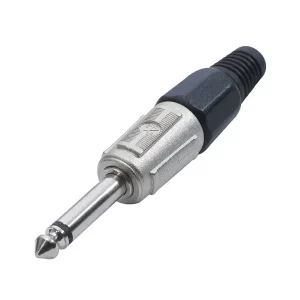 Newtide NP3600-2P 6.3mm TS mono phone plug with nickel-plated metal shell and black strain relief boot.