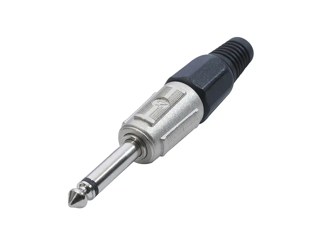 Newtide NP3600-2P 6.3mm TS mono phone plug with nickel-plated metal shell and black strain relief boot.