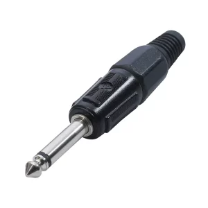 Newtide NP3600B-2P 6.3mm TS mono phone plug with black-plated metal shell and black strain relief boot.