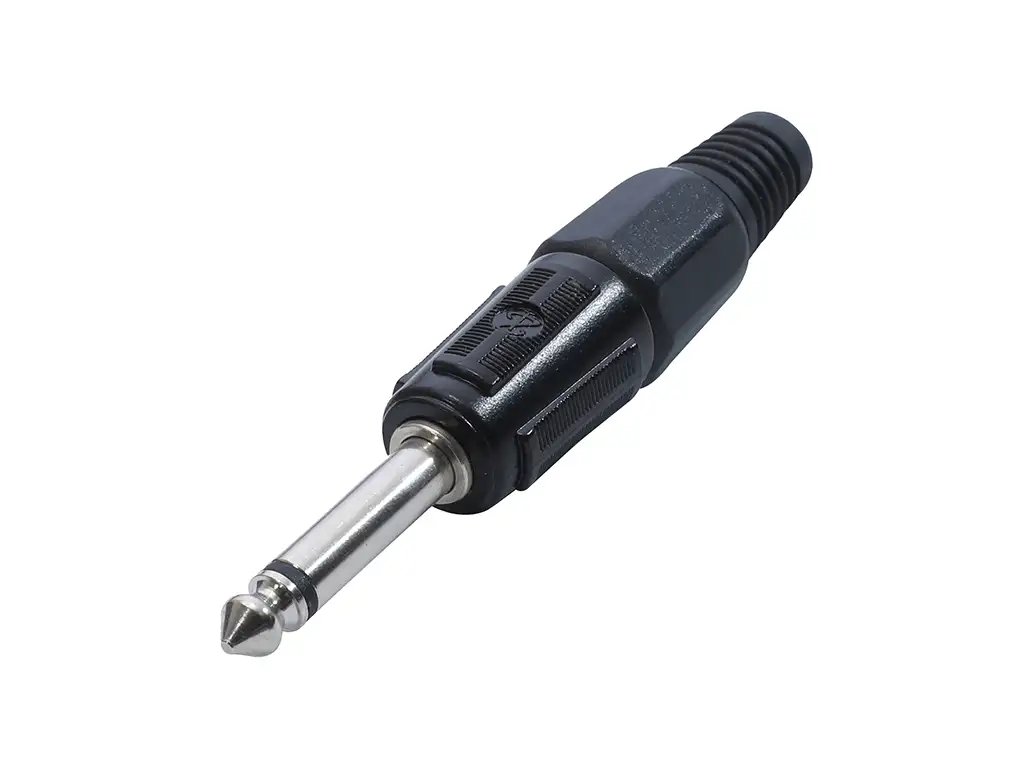 Newtide NP3600B-2P 6.3mm TS mono phone plug with black-plated metal shell and black strain relief boot.