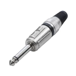 Newtide NP3601-2P 6.3mm TS mono phone plug with nickel-plated metal shell and black strain relief boot.