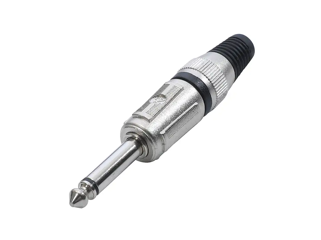 Newtide NP3601-2P 6.3mm TS mono phone plug with nickel-plated metal shell and black strain relief boot.