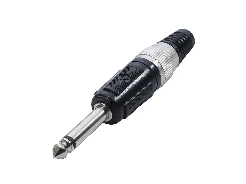 Newtide NP3601B-2P 6.3mm TS mono phone plug with black-plated metal shell and black strain relief boot.