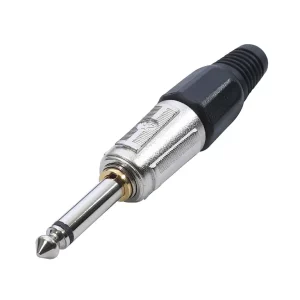 Newtide NP3603-2P 6.3mm TS mono silent phone plug with nickel-plated metal shell and silent switch, black strain relief boot.