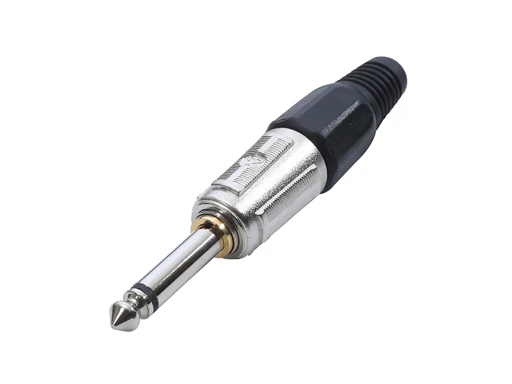 Newtide NP3603-2P 6.3mm TS mono silent phone plug with nickel-plated metal shell and silent switch, black strain relief boot.