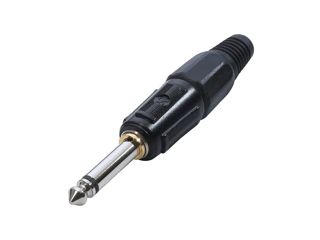 Newtide NP3603B-2P 6.3mm TS mono silent phone plug with black-plated metal shell and silent switch, black strain relief boot.