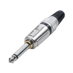 Newtide NP3604-2P 6.3mm TS mono silent phone plug with nickel-plated metal shell and silent switch, black strain relief boot.