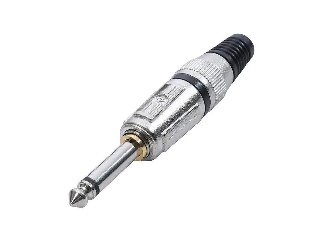 Newtide NP3604-2P 6.3mm TS mono silent phone plug with nickel-plated metal shell and silent switch, black strain relief boot.