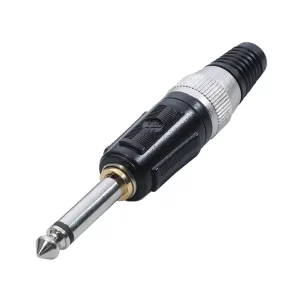 Newtide NP3604B-2P 6.3mm TS mono silent phone plug with black-plated metal shell and silent switch, black strain relief boot.