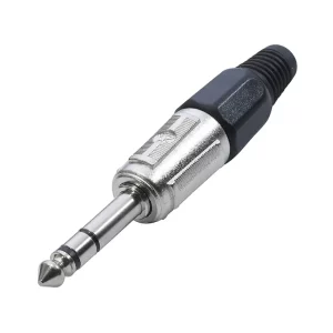 Newtide NP3700-3P 6.3mm TRS stereo phone plug with nickel-plated metal shell and black strain relief boot.