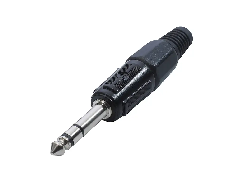Newtide NP3700B-3P 6.3mm TRS stereo phone plug with black -plated metal shell and black strain relief boot.